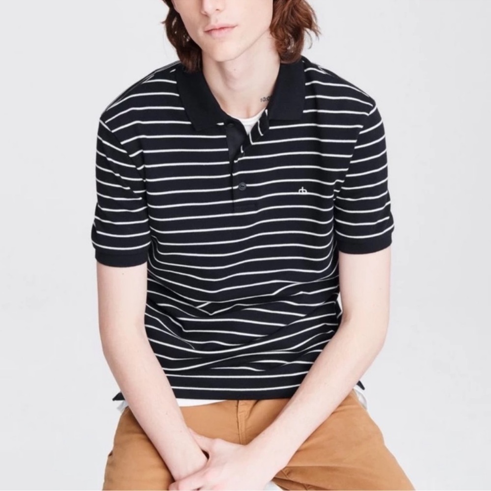 Rag & Bone Men’s Black White Stripe Pique Cotton Polo